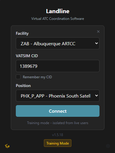 Landline login screen with VATSIM authentication