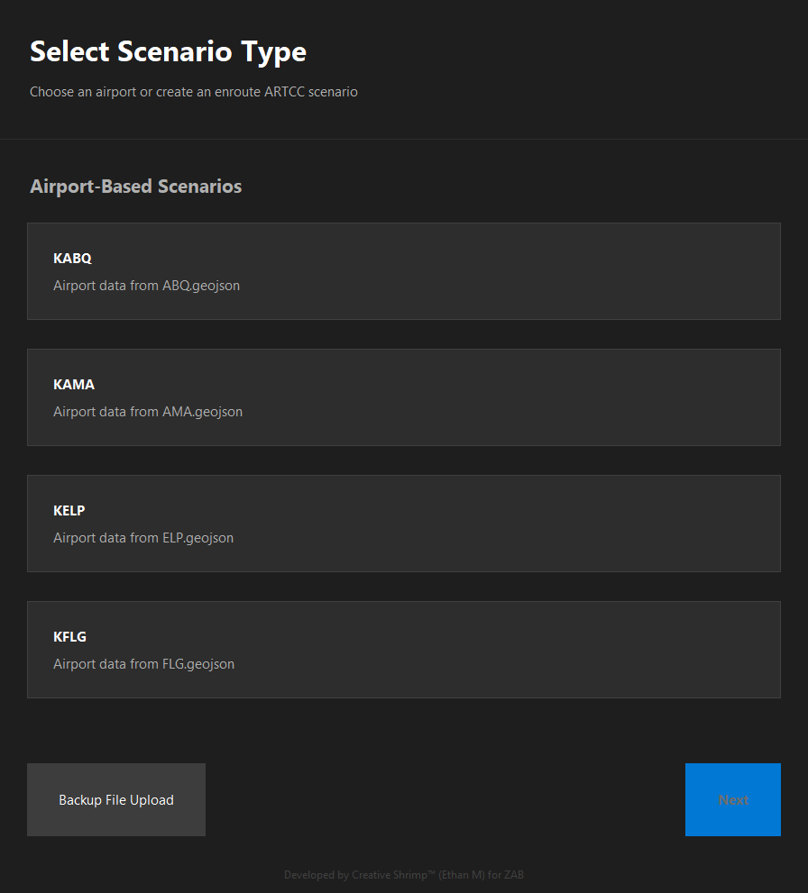 SSG Main Interface - Airport selection and scenario type configuration