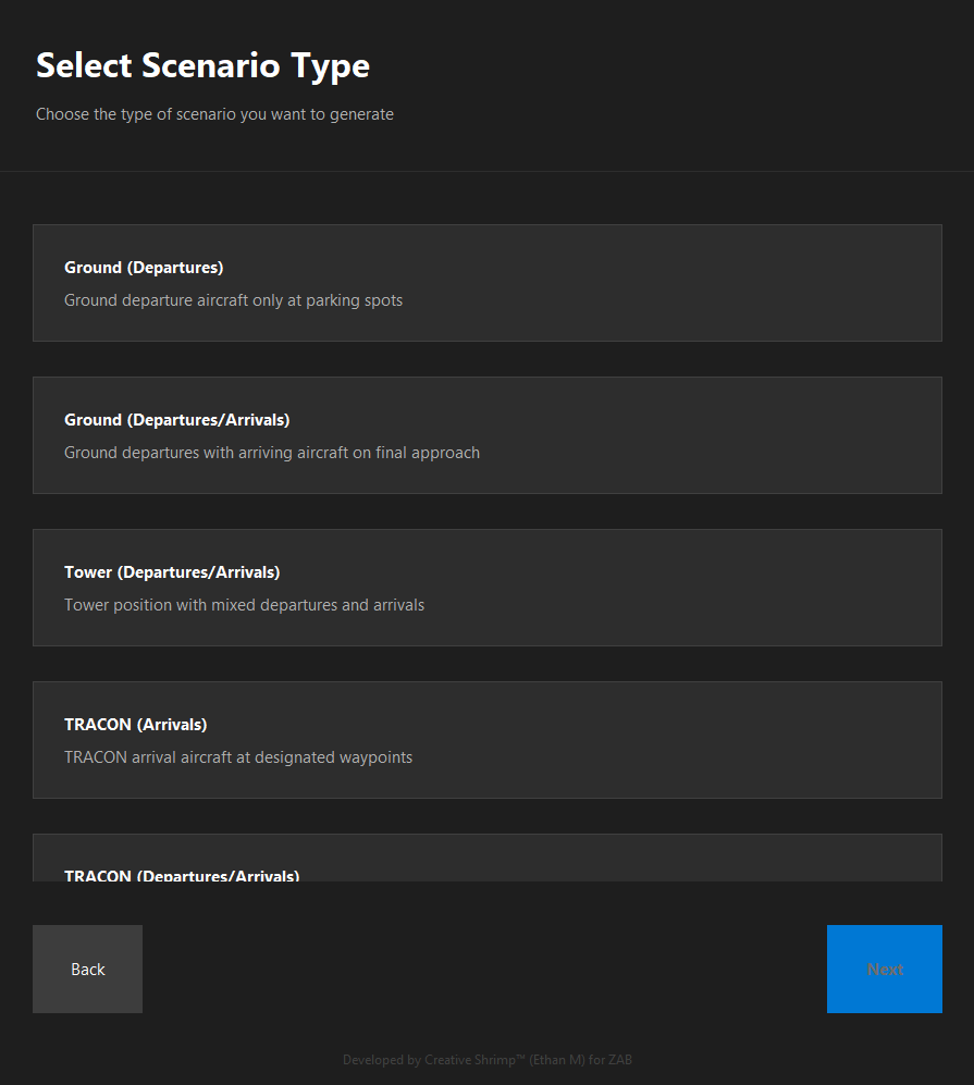 SSG scenario type selection interface