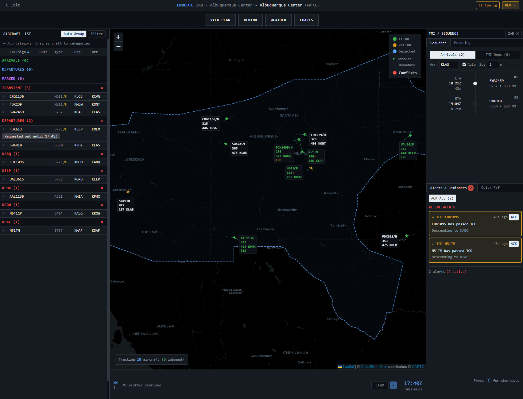 VATDS enroute sector view with traffic display